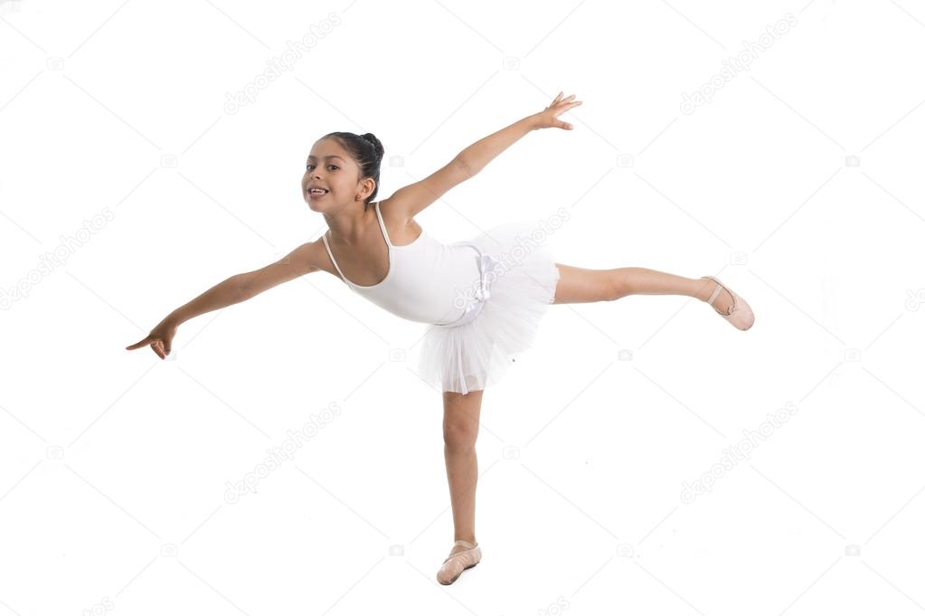 young cute little girl ballet dancer dancing on white background