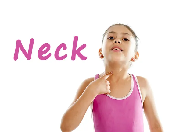Aprender inglês para crianças cartão escolar de menina apontando para o pescoço e garganta no fundo branco — Fotografia de Stock