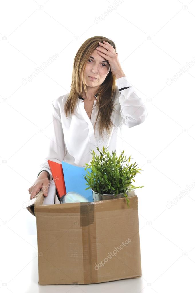 Sad Business Woman carrying Cardboard Box fired from Job