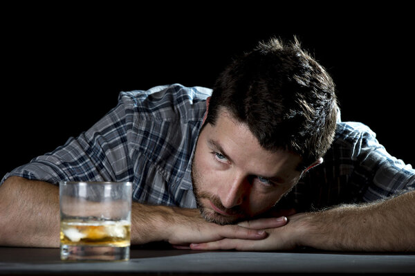  alcoholic addict man drunk with whiskey glass in alcoholism concept