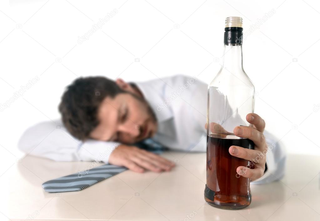 drunk business man wasted and whiskey bottle in alcoholism 