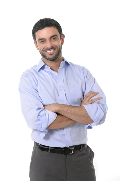 Młody atrakcyjny biznes człowiek stojący w zbiorowy portret na białym tle — Zdjęcie stockowe