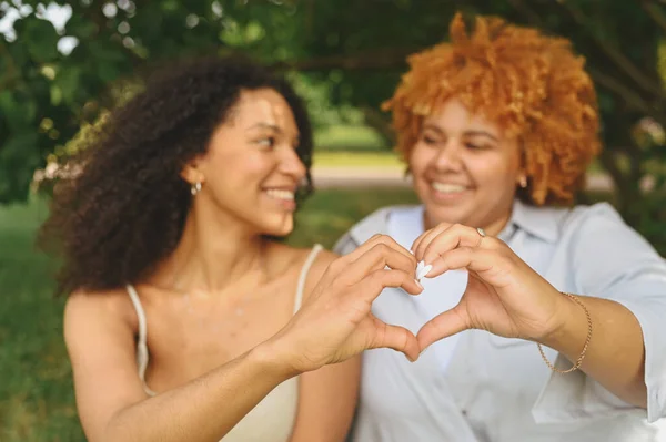 Pasangan muda Afrika Amerika lesbian yang bahagia duduk di rumput hijau menunjukkan tanda cinta di luar taman musim panas alam. Konsep komunitas LGBT. Teman-teman wanita tersenyum menikmati saat-saat bersama — Stok Foto