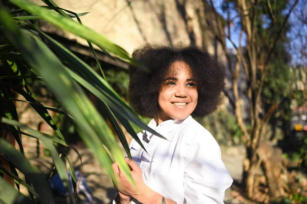 Fashion close up stylish portrait of attractive young natural beauty African American woman with afro hair in white shirt posing outdoors with green palm. Happy lady laugh with perfect smile teeth — Stok Foto