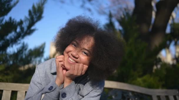 De cerca Retrato de estilo urbano de moda de atractiva joven belleza natural mujer afroamericana con pelo afro en abrigo azul posando caminando al aire libre en un día soleado. Señora feliz con los dientes perfectos sonrisa. — Vídeos de Stock