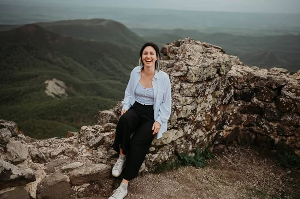 Happy Young Woman Tourist Hiking Top Mountain Enjoying Nature Landscape — Stok Foto