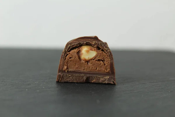 Chocolate Candy Whole Walnut Forest Hazelnuts Praline Chocolate Filling Section — Stock Photo, Image