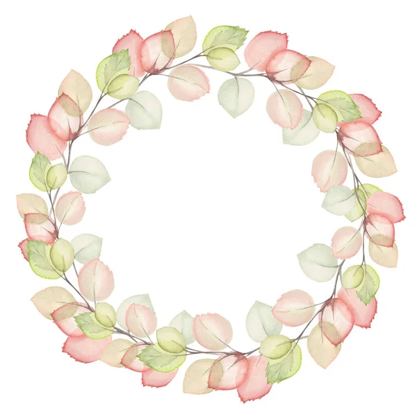 水彩絵葉書緑とオレンジピンクの葉結婚式招待状丸枠 — ストック写真