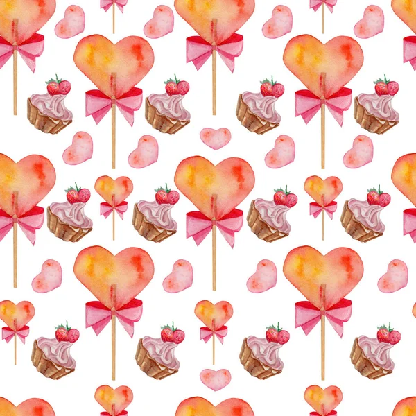 Patrón Acuarela Para Día San Valentín Piruletas Pasteles — Foto de Stock