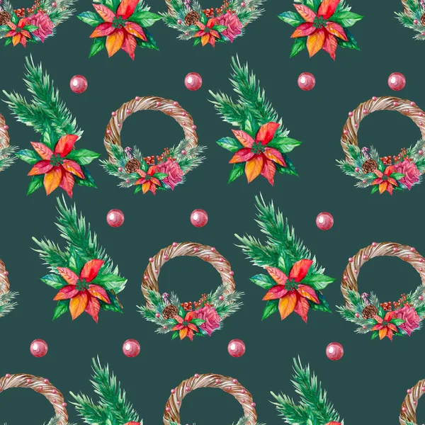 Akvarel Pozadí Zelené Jedle Větve Vzor Kolo Zimní Vánoční Rám — Stock fotografie