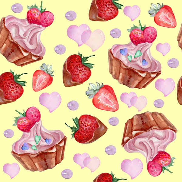Patrón Acuarela Para Pastel Fresa San Valentín Con Chocolate Sobre — Foto de Stock