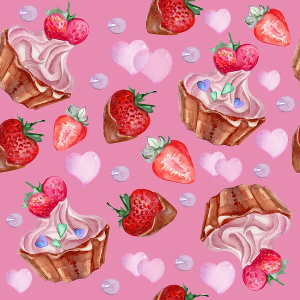 Patrón Acuarela Para Día San Valentín Pasteles Fresa Chocolate Sobre — Foto de Stock