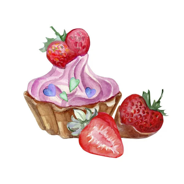 Ilustración Acuarela Para Pastel San Valentín Fresas Con Chocolate — Foto de Stock