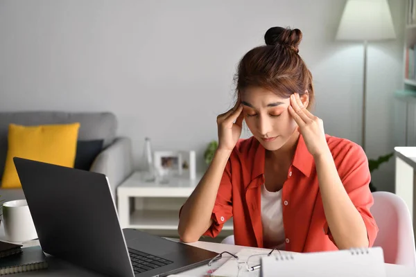 Feeling Tired Stressed Young Asian Woman Sitting Eyes Closed Exhaustion — Stock Photo, Image