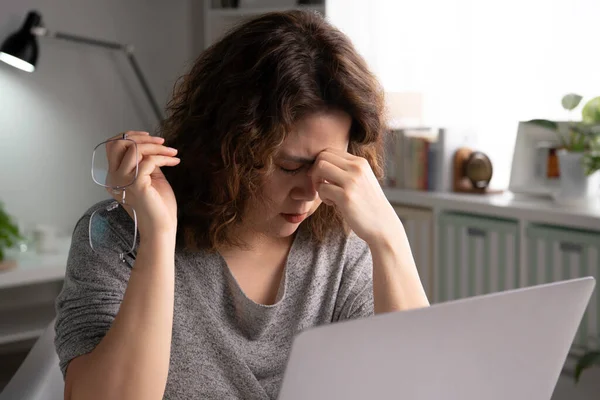 Tired Young Asian Woman Eyes Pain Working Home Office Using — Stock Photo, Image