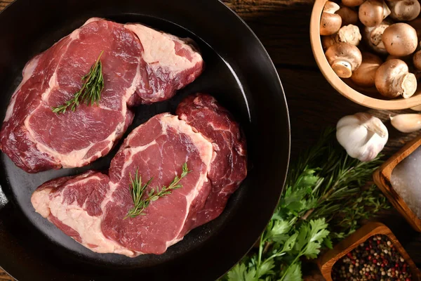 Top View Raw Steak Beef Meat Pan Wooden Table Side — Stock Photo, Image