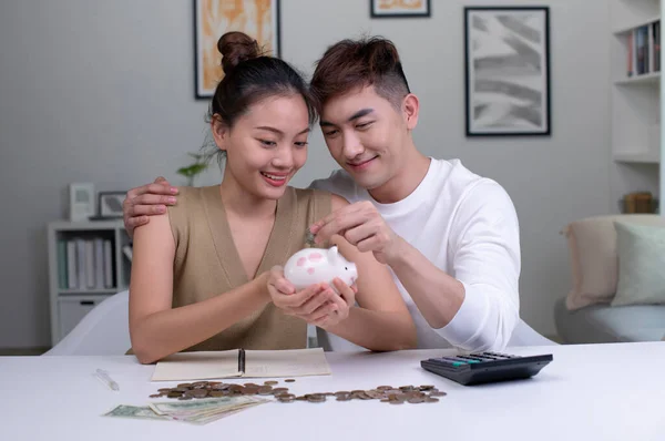 Portrait Happy Asian Couple Home Saving Money Piggybank Happy Woman — Stock Photo, Image