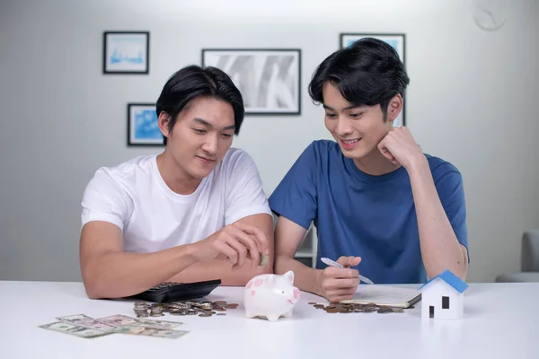 Young Happy Asian Gay Couple Saving Money Buy House Lgbt — Stock Photo, Image