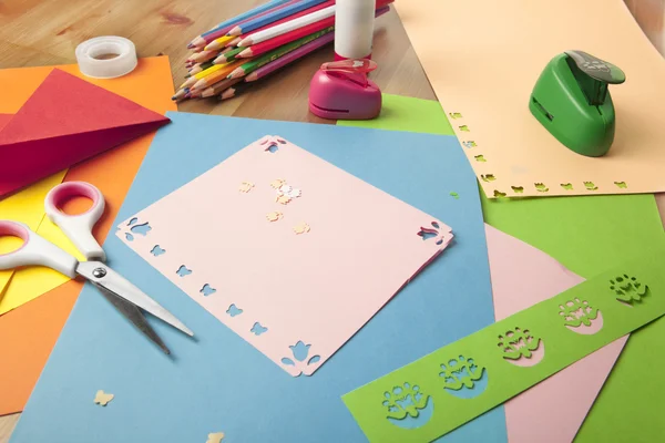 Craft table with crayons — Stock Photo, Image