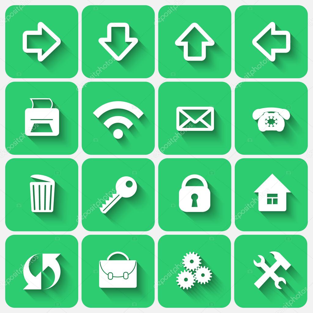 Vector Set of Emerald Green Flat Style Square Buttons with Office Web site Theme
