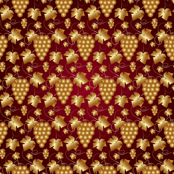 Modèle sans couture d'or vectoriel sur rouge avec des raisins et des feuilles — Image vectorielle