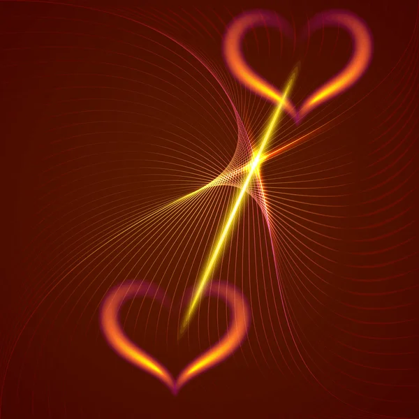 Vector abstract flame hearts and beams dark red background — Stock Vector