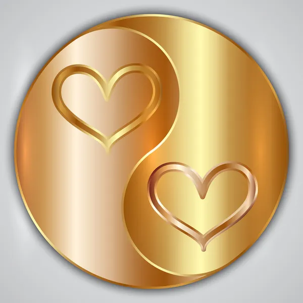 Medallón yin yang redondo vectorial con corazones y marco de oro Vector De Stock