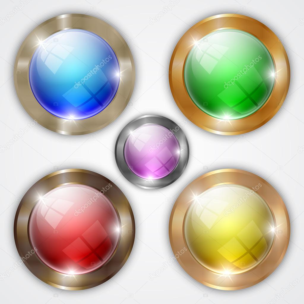 Vector set of glossy colorful round buttons with metallic frame