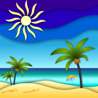 Güneş, deniz, plaj ve şemsiye ile vektör soyut kağıt kolaj resim