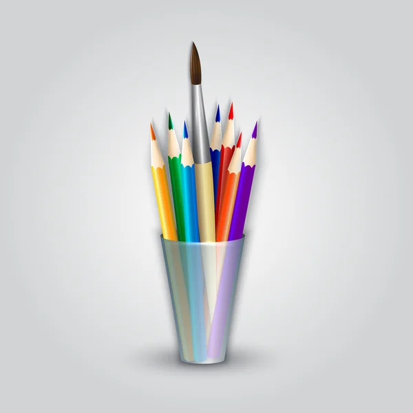 Vetor lápis de cor abstratos e pincel de pintura no caddy —  Vetores de Stock