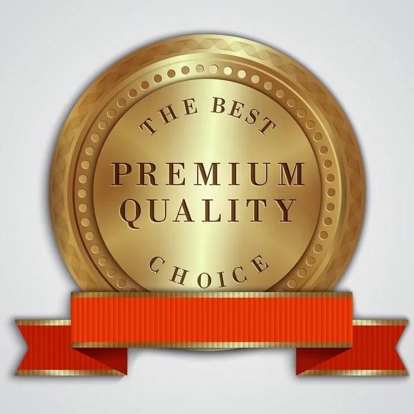 Vector ronde gouden badge label met rood lint en tekst — Stockvector