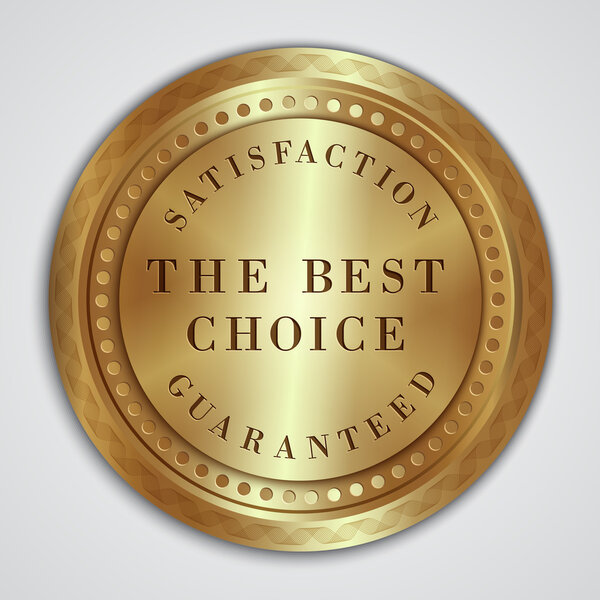 Vector round golden badge label with satisfaction guaranteed and best choice text