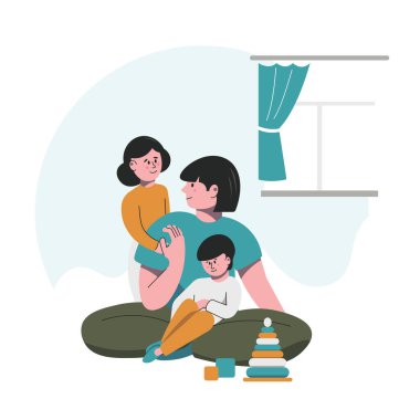 Anne ve çocuklar evde oynuyorlar. Genç bir kadın boş zamanlarını çocuklarla geçirir. Ebeveynlik. Aile içi vektör sahnesi.
