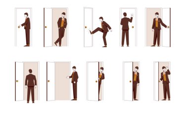 A business man closes the doors, opens the doors, stands thoughtfully in front of the doors. Vector illustration of scenes with a door. Symbols of choice and life situations. clipart