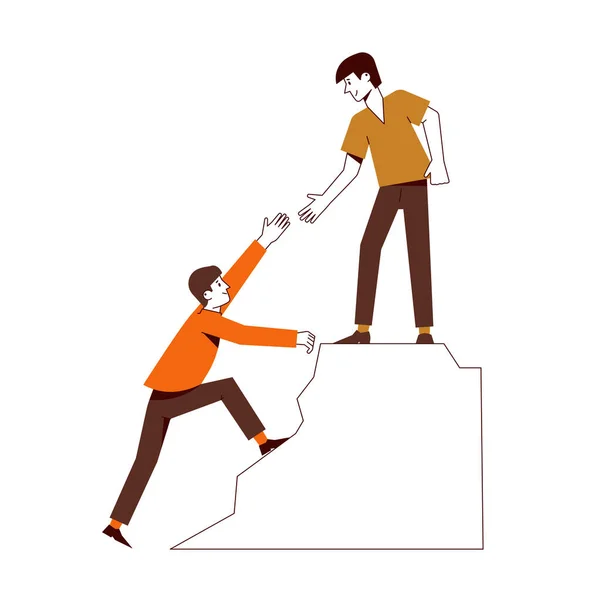 Man Helps Another Person Climb Rock Support Concept Vector Scene — Archivo Imágenes Vectoriales