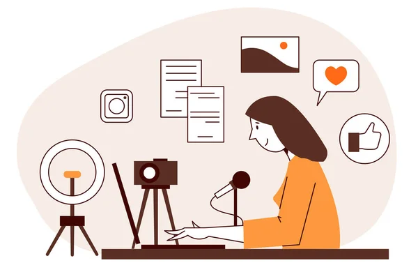 Una Mujer Aloja Podcast Línea Video Blogger Trabajo Concepto Vectorial — Archivo Imágenes Vectoriales
