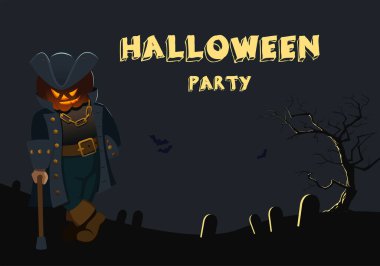 Cadılar Bayramı temalı bir posterin illüstrasyonu. Mezarlığın arka planındaki çizgi film karakteri. Kartpostal veya duvar kağıdı için vektör sahnesi.