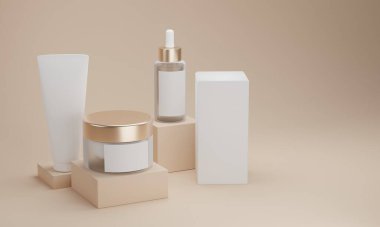 Sıvı, krem, jöle ve losyon için kozmetik şişeleri. Kozmetik paketi, şeffaf ve beyaz plastik kapların boş şablonları: şeker kutusu, krema kavanozu, tüp. 3d oluşturma.