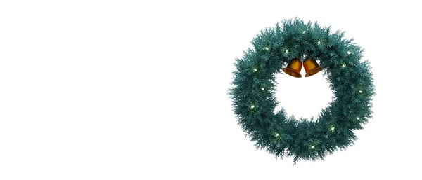 Christmas wreath with bells and lights. 3D rendering. Isolated on a white background. Banner. Place for text. — Stock Photo, Image