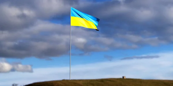 Bandera de Ucrania, que se desarrolla en el viento. Hay espacio para el texto. espacio de copia. El concepto de la guerra entre Ucrania y Rusia. No hay guerra. Alto a la guerra. Renderizado 3D —  Fotos de Stock