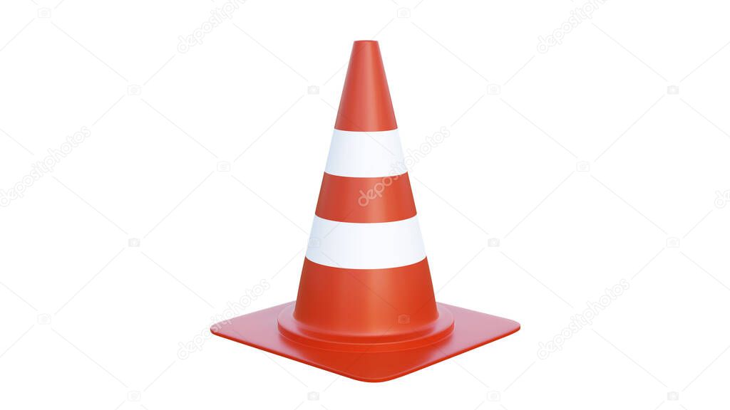 Orange highway traffic construction cones with white stripes isolated on white background. 3D render.
