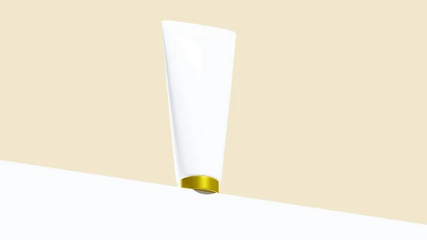 Realistic packaging template for cream, lotion. White packaging with a golden lid. View from below. The platform is white. Isolated on beige background. Presentation for advertising. Cosmetics. Mockup
