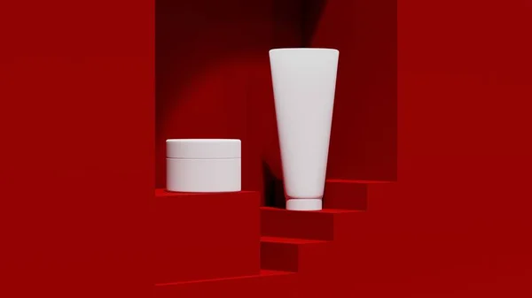 White Bottles Cosmetics Close Red Platform Cream Lotion Rendering Composition — Stockfoto