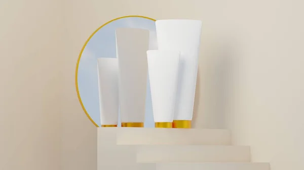 Two white packages of cream. They stand on the platform. In the background, the reflection of the sky in the mirror. Template for the presentation of cosmetics. Copy space. 3D rendering.