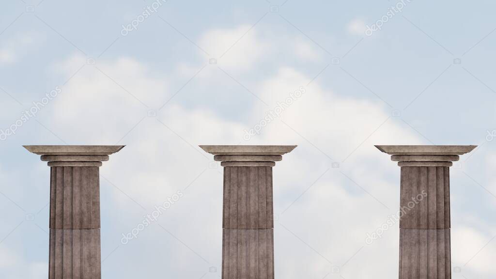Three columns close-up. Against the background of the sky. 3D rendering. Template for product presentation, cosmetics. Advertising, background, wallpaper. Front view. Copy space. Place for text