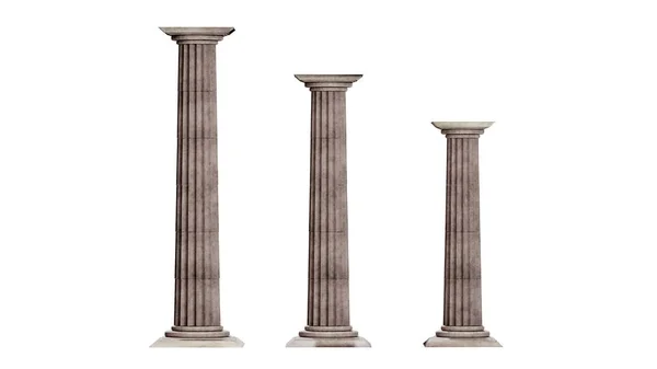 Three Antique Columns Different Sizes Isolated White Background Rendering Place — Stok fotoğraf