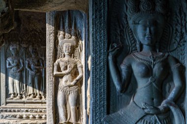 Kamboçya. Siem Reap Eyaleti. Angkor Wat (Tapınak Şehri) 'nde bir Devata heykeli. Kamboçya 'daki bir Budist ve tapınak kompleksi ve dünyanın en büyük dini anıtı.