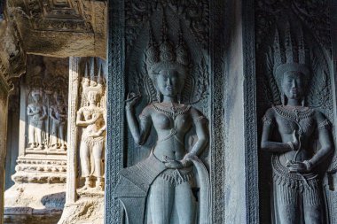 Kamboçya. Siem Reap Eyaleti. Angkor Wat (Tapınak Şehri) 'nde bir Devata heykeli. Kamboçya 'daki bir Budist ve tapınak kompleksi ve dünyanın en büyük dini anıtı.