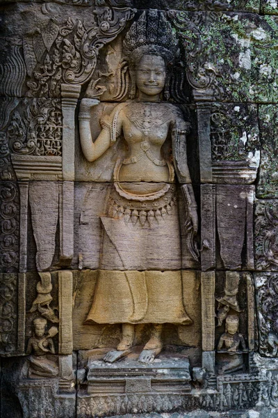 Kambodja Siem Reap Angkors Arkeologiska Park Bas Lättnad Devata Vid — Stockfoto