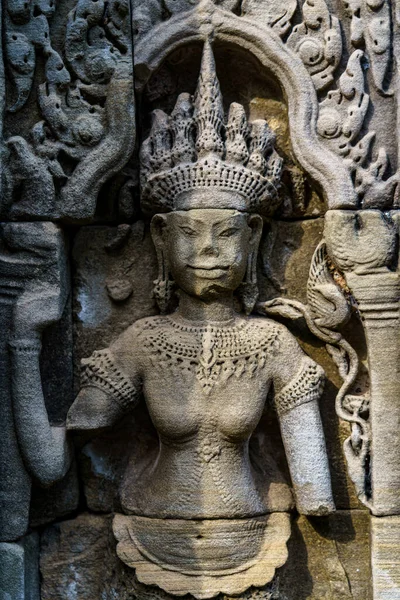 Kambodja Siem Reap Angkors Arkeologiska Park Bas Reliefskulptur Devata Preah — Stockfoto